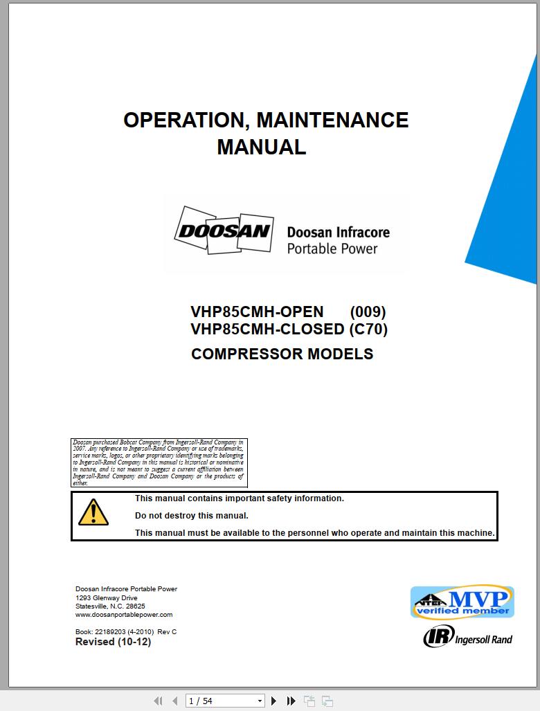 Ingersoll Rand Onboard Power VHP85CMH Operation Maintenance Manual 2012