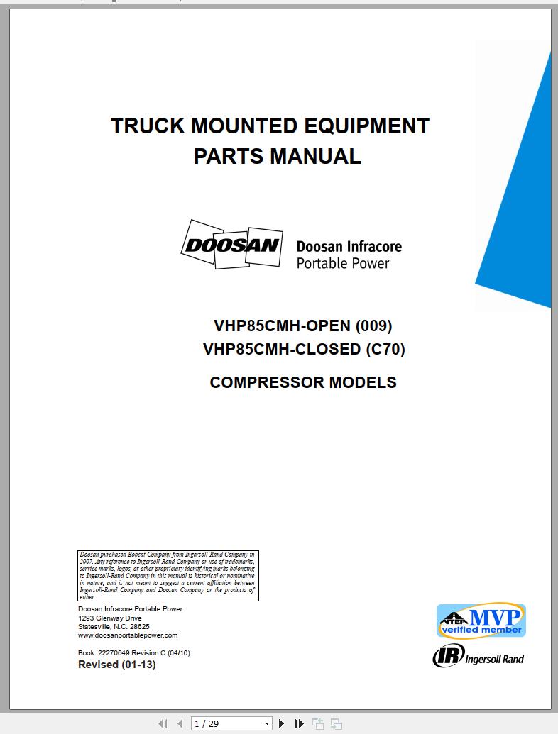 Ingersoll Rand Onboard Power VHP85CMH Parts Manual 22270649 2013