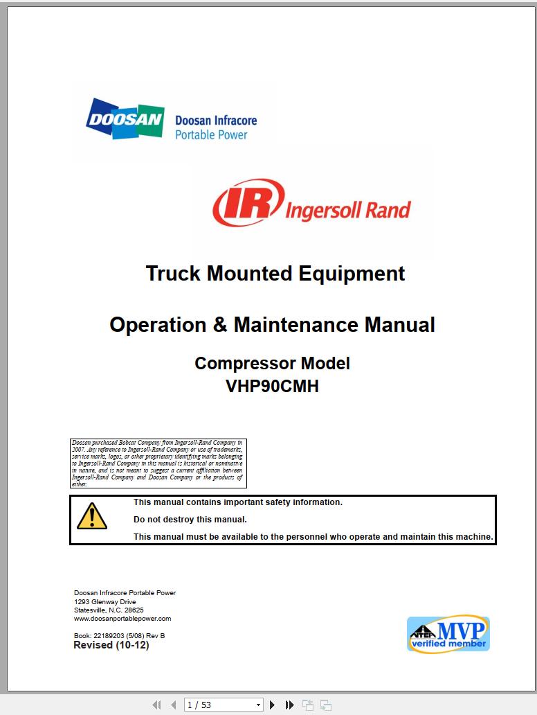 Ingersoll Rand Onboard Power VHP90CMH Operation Maintenance Manual 2012