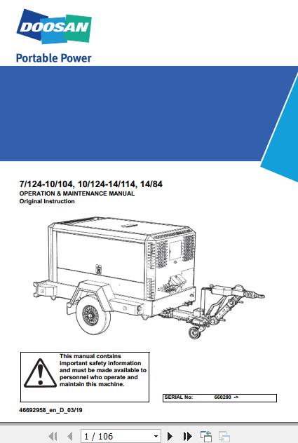 Ingersoll Rand Portable Compressor 10 104 Operation and Maintenance Manual 2019