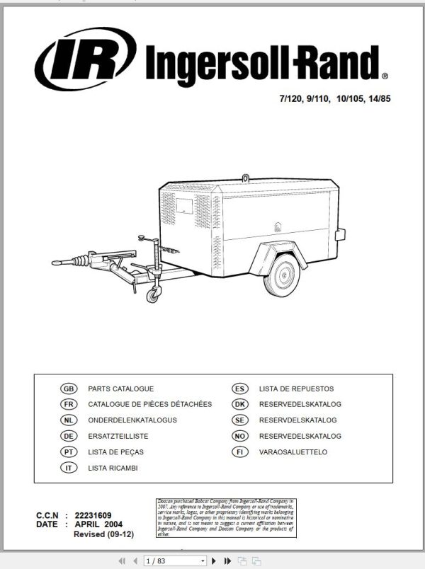 Ingersoll Rand Portable Compressor 10 105 Parts Manual Operation and Maintenance Manual 2014