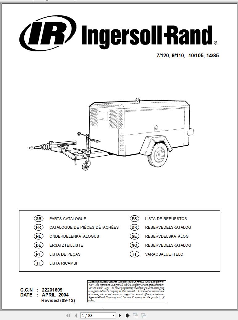 Ingersoll Rand Portable Compressor 10 105 Parts Manual Operation and Maintenance Manual 2014