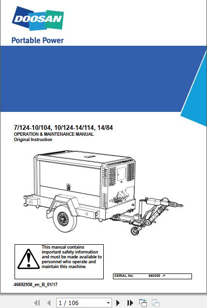 Ingersoll Rand Portable Compressor 10 124 Operation and Maintenance Manual 2019