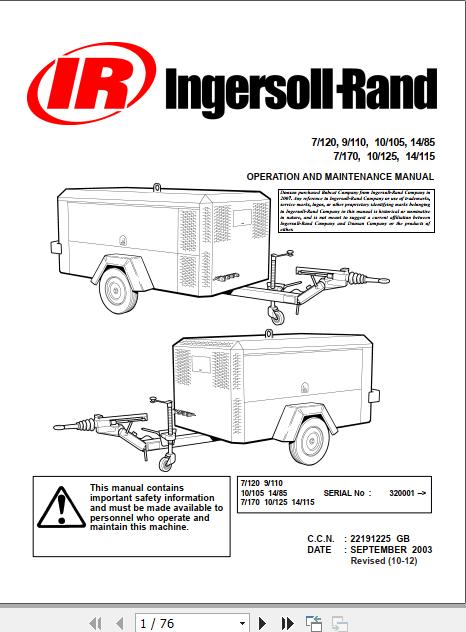 Ingersoll Rand Portable Compressor 10 125 Operation and Maintenance Manual 2012