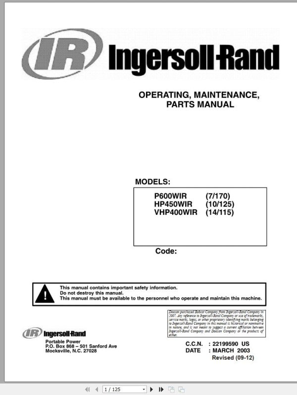 Ingersoll Rand Portable Compressor 10 125 Parts Manual Operation and Maintenance Manual 2014
