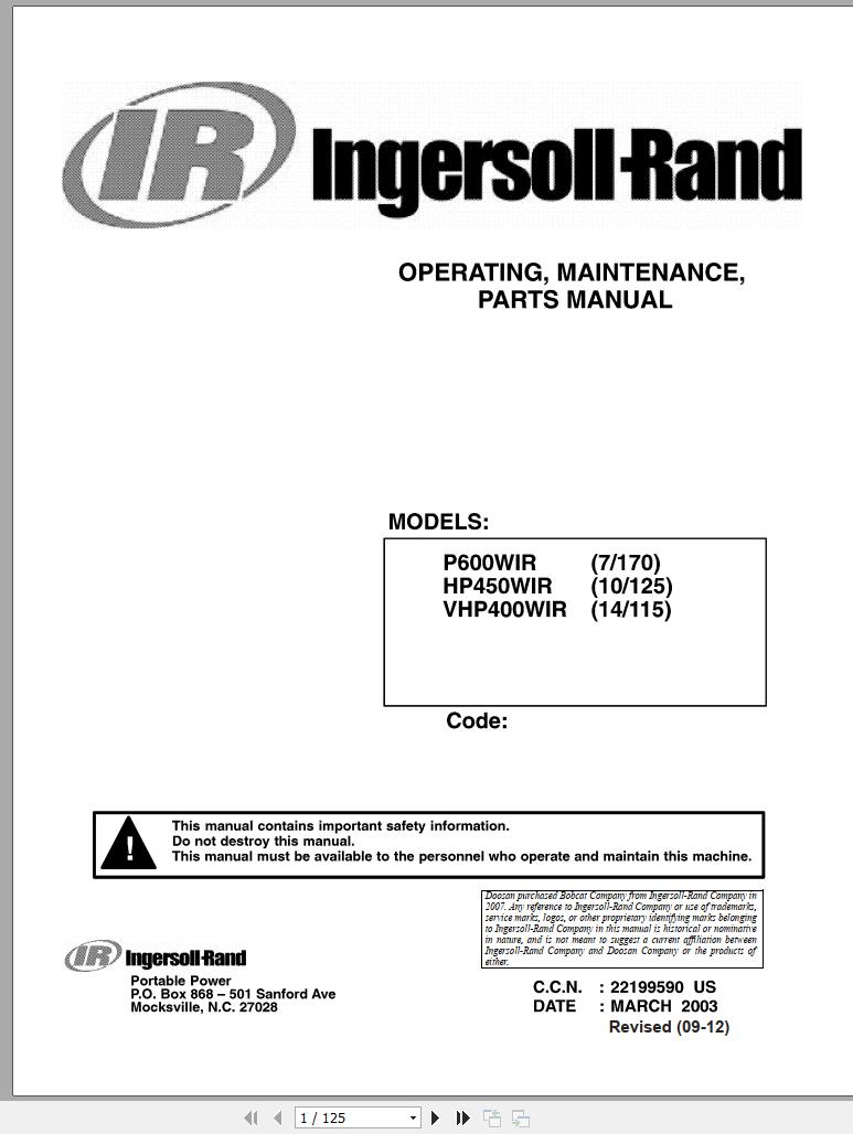 Ingersoll Rand Portable Compressor 10 125 Parts Manual Operation and Maintenance Manual 2014