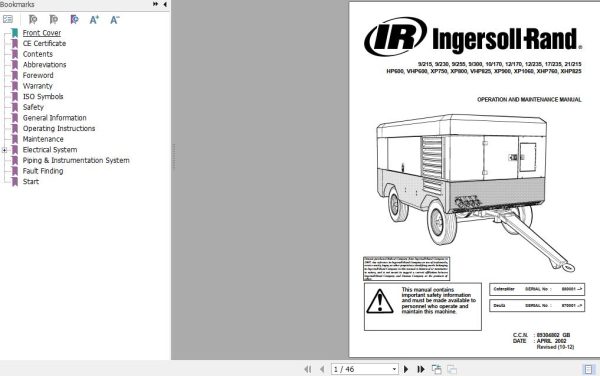 Ingersoll Rand Portable Compressor 10 170 Operation and Maintenance Manual 2012