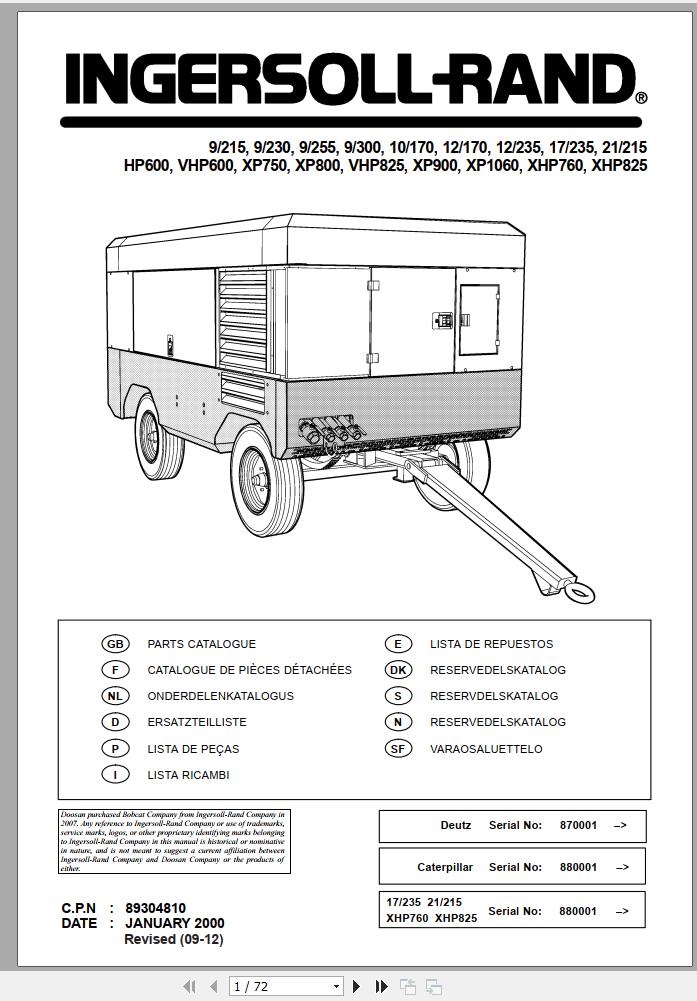 Ingersoll Rand Portable Compressor 10 170 Parts Manual 2012