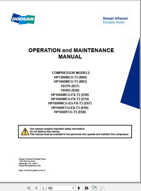 Ingersoll Rand Portable Compressor 10 370 Operation Maintenance Manual 2012
