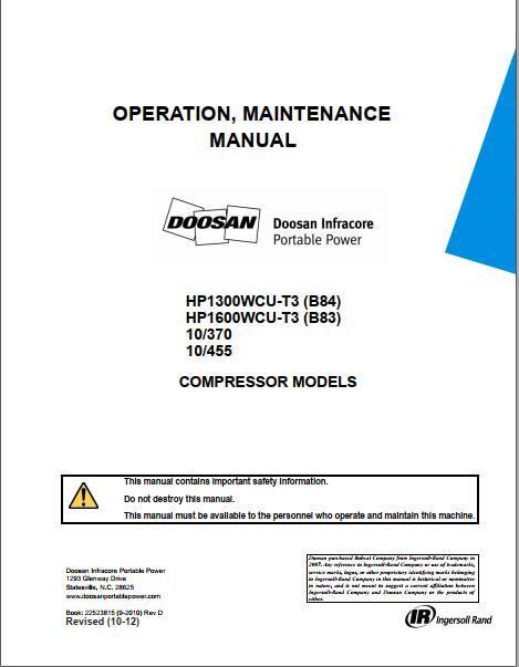 Ingersoll Rand Portable Compressor 10 370 Operation Maintenance Manual 2012 1