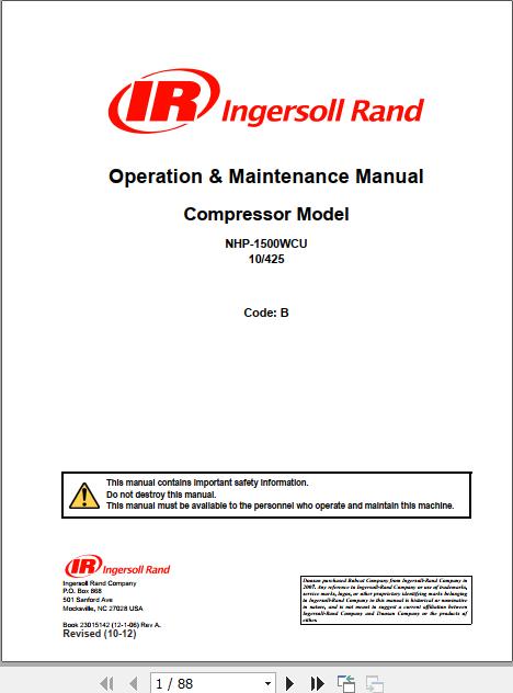 Ingersoll Rand Portable Compressor 10 425 Operation and Maintenance Manual 2012 1