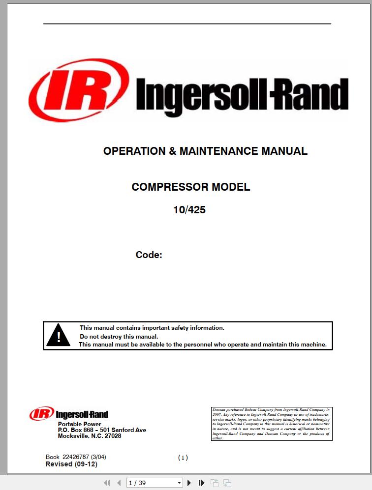 Ingersoll Rand Portable Compressor 10 425 Parts Manual Operation and Maintenance Manual 2013