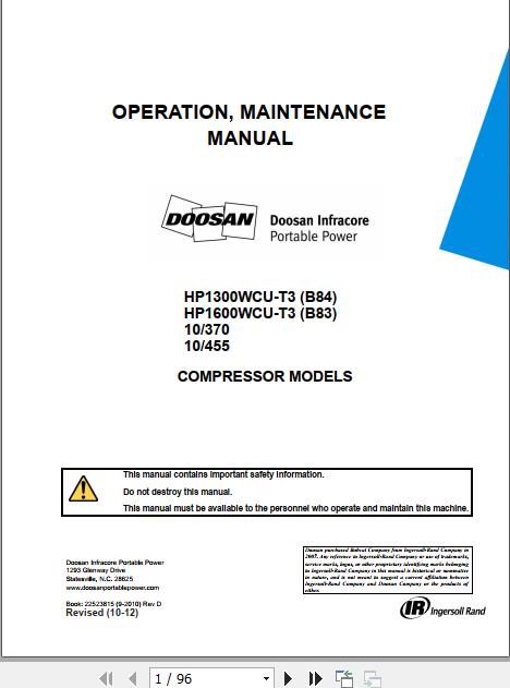 Ingersoll Rand Portable Compressor 10 455 Operation Maintenance Manual 2012 1