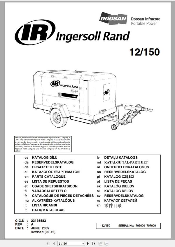 Ingersoll Rand Portable Compressor 12 150 Parts Manual 2014