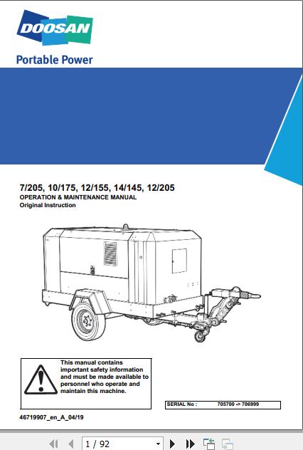 Ingersoll Rand Portable Compressor 12 155 Operation and Maintenance Manual 2019