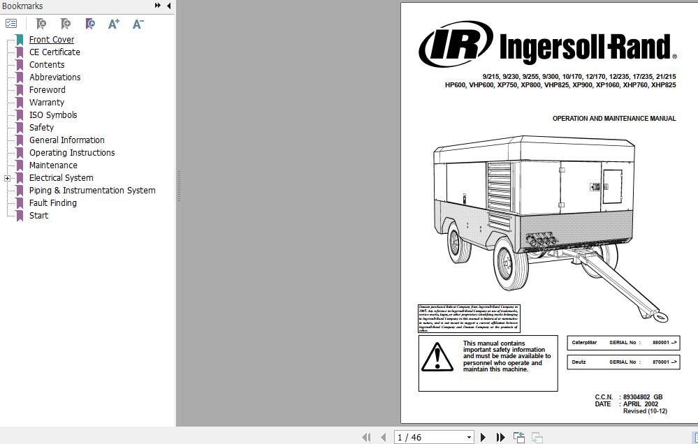 Ingersoll Rand Portable Compressor 12 170 Operation and Maintenance Manual 2012
