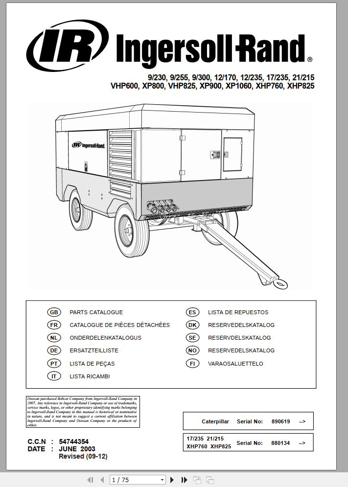 Ingersoll Rand Portable Compressor 12 170 Parts Manual 2012