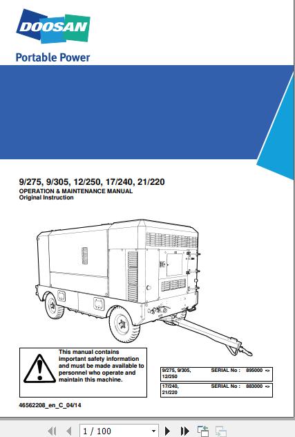 Ingersoll Rand Portable Compressor 12 250 Operation and Maintenance Manual 2014