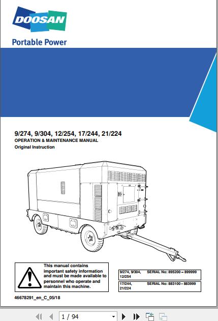 Ingersoll Rand Portable Compressor 12 254 Operation and Maintenance Manual 2018