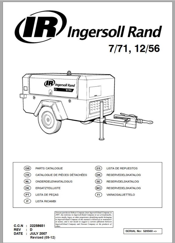 Ingersoll Rand Portable Compressor 12 56 Parts Manual 2012