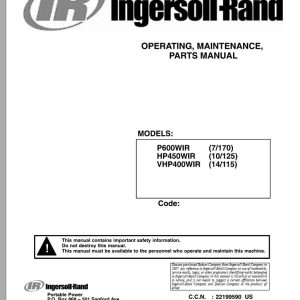 Ingersoll Rand Portable Compressor 14 115 Parts Manual Operation and Maintenance Manual 2014