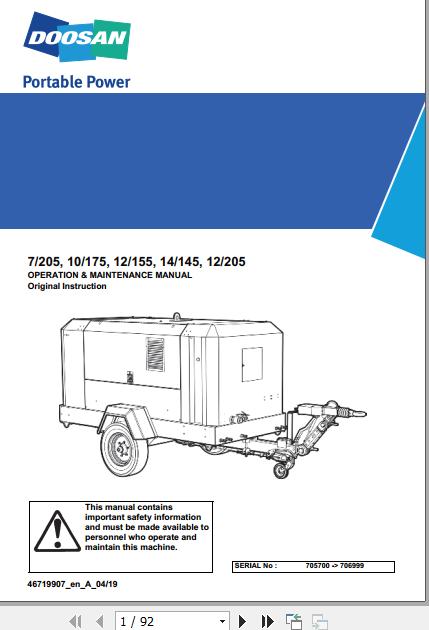 Ingersoll Rand Portable Compressor 14 145 Operation and Maintenance Manual 2019