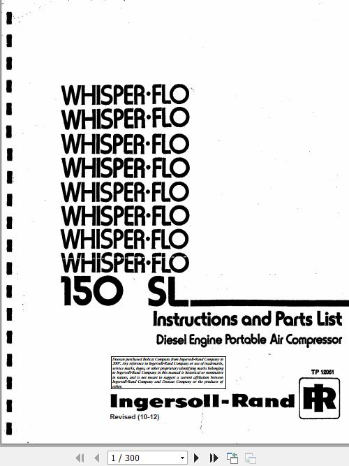 Ingersoll Rand Portable Compressor 150SL Instructions and Parts List 2012