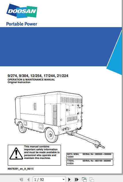 Ingersoll Rand Portable Compressor 17 244 Operation and Maintenance Manual 2018