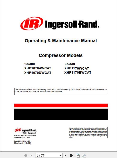 Ingersoll Rand Portable Compressor 25 300 Operating Maintenance Manual 2012