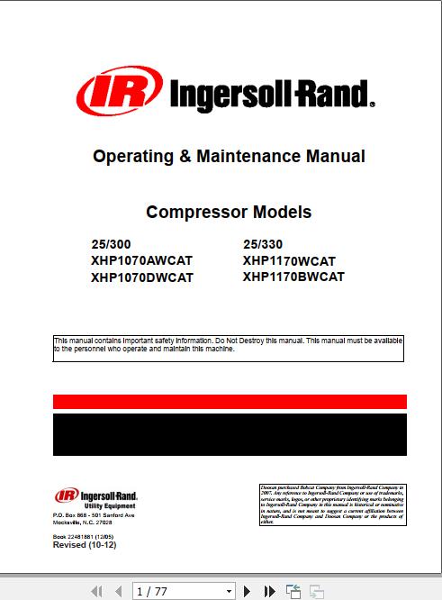 Ingersoll Rand Portable Compressor 25 330 Operating Maintenance Manual 2012