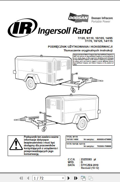 Ingersoll Rand Portable Compressor 7 120 Operation and Maintenance Manual 2012