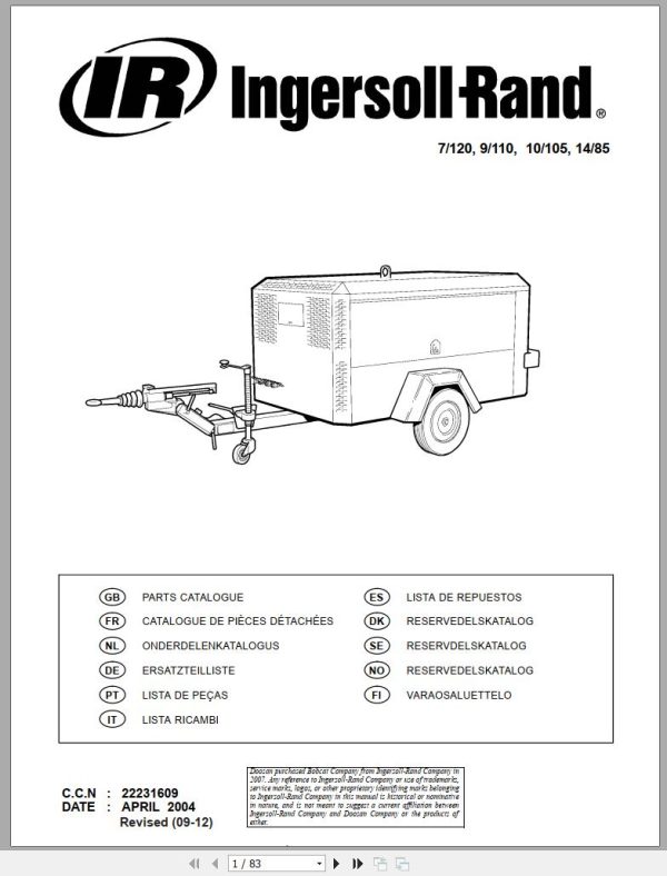 Ingersoll Rand Portable Compressor 7 120 Parts Manual Operation and Maintenance Manual 2014