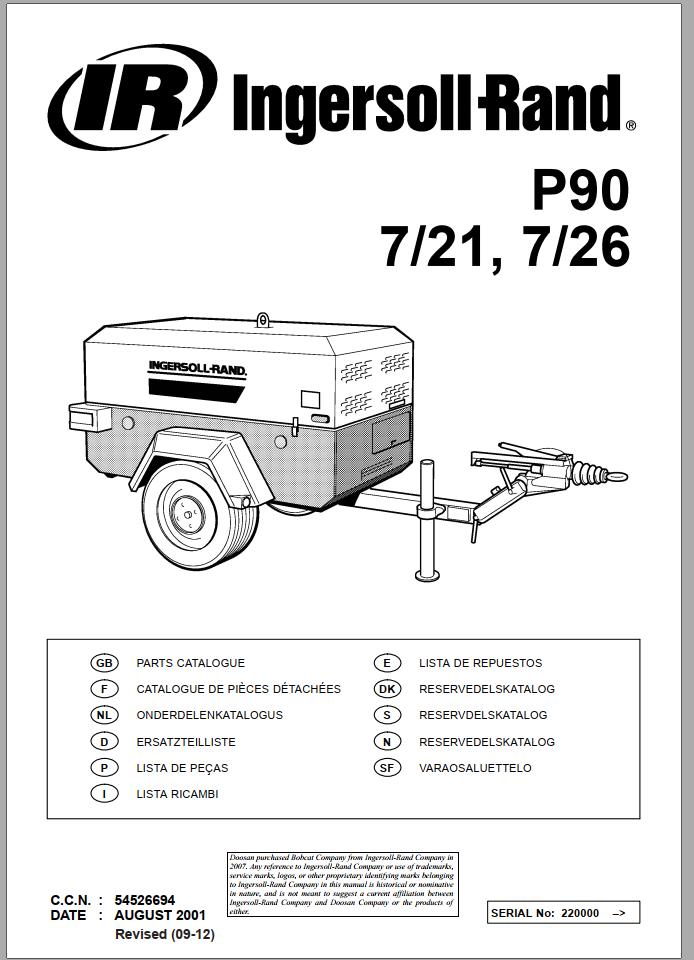 Ingersoll Rand Portable Compressor 7 21 Parts Manual 2012