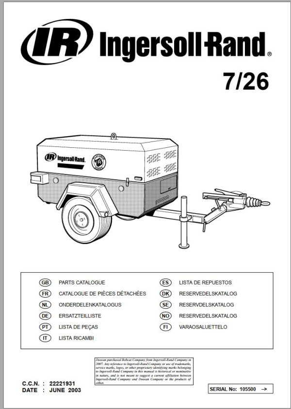 Ingersoll Rand Portable Compressor 7 26 Parts Manual 2012