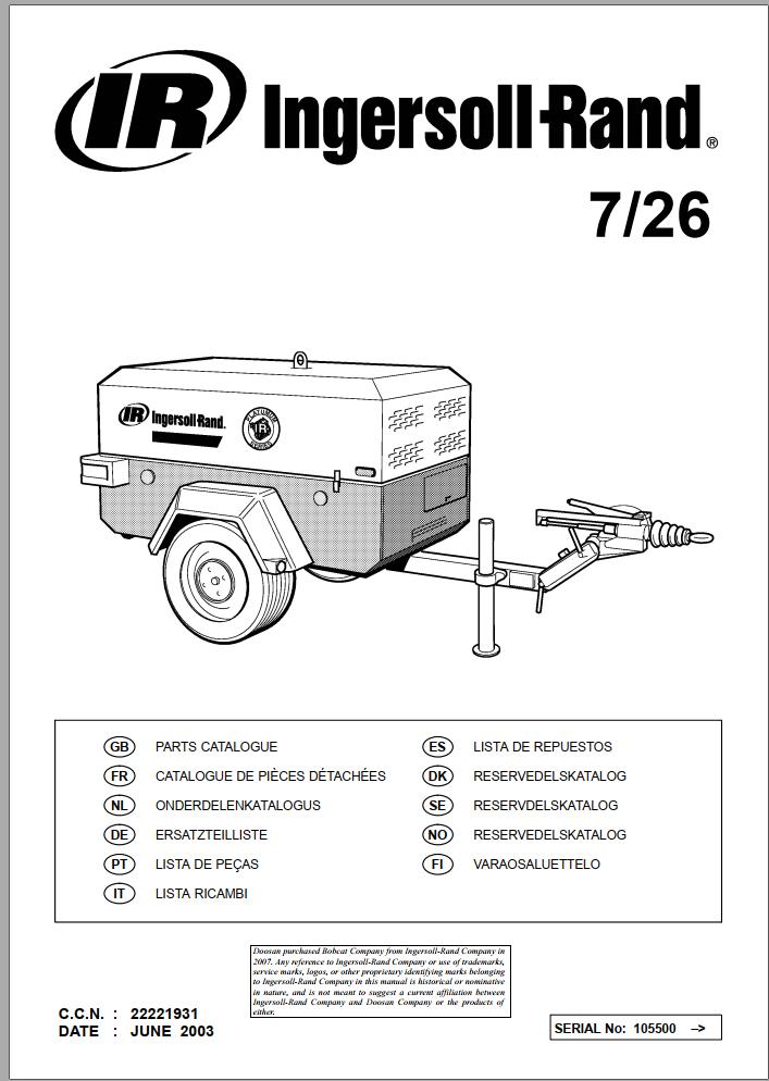 Ingersoll Rand Portable Compressor 7 26 Parts Manual 2012