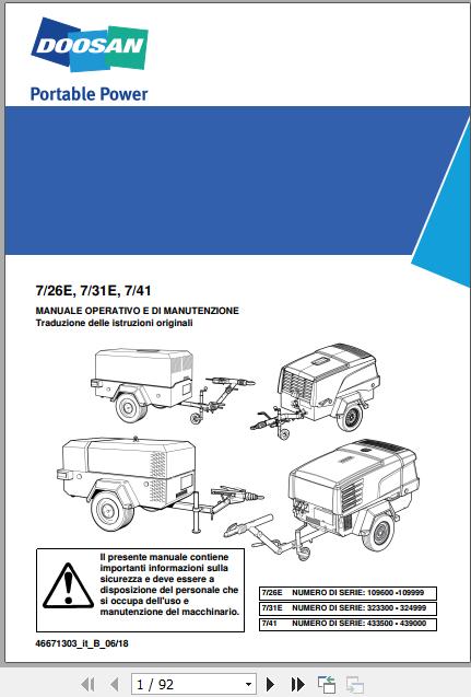 Ingersoll Rand Portable Compressor 7 26E Operation and Maintenance Manual 2018