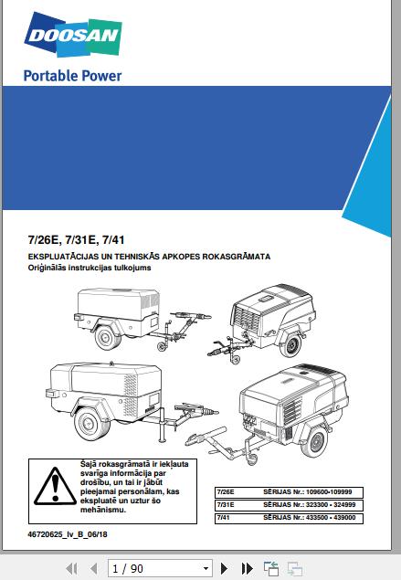 Ingersoll Rand Portable Compressor 7 31E Operations and Maintenance Manual 2018