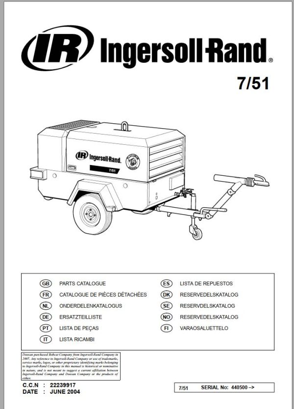 Ingersoll Rand Portable Compressor 7 51 Parts Manual 2016