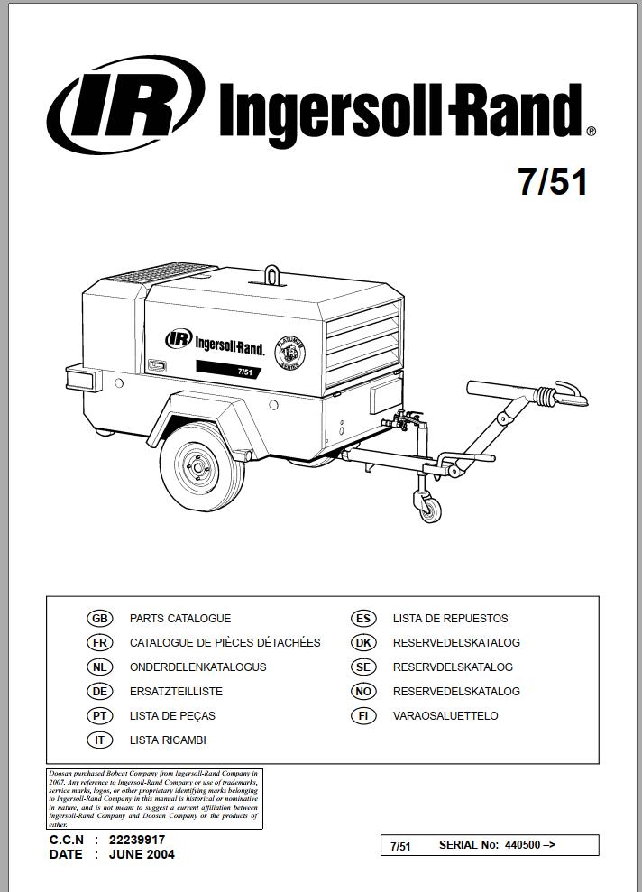Ingersoll Rand Portable Compressor 7 51 Parts Manual 2016
