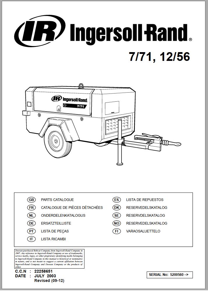 Ingersoll Rand Portable Compressor 7 71 Parts Manual 2012