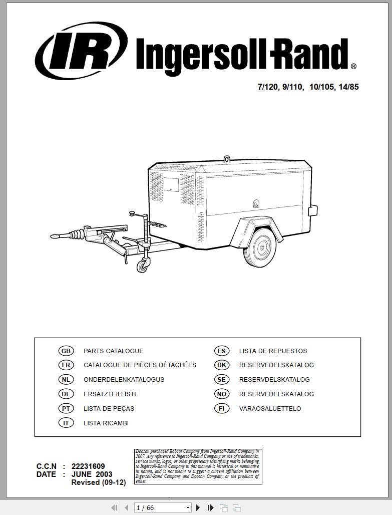 Ingersoll Rand Portable Compressor 9 110 Parts Manual Operation and Maintenance Manual 2014
