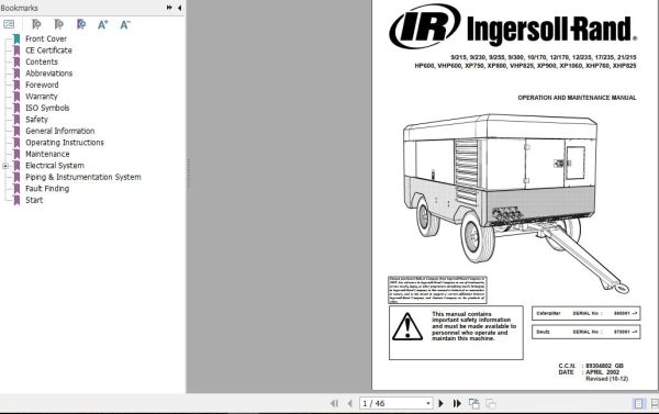 Ingersoll Rand Portable Compressor 9 215 Operation and Maintenance Manual 2012