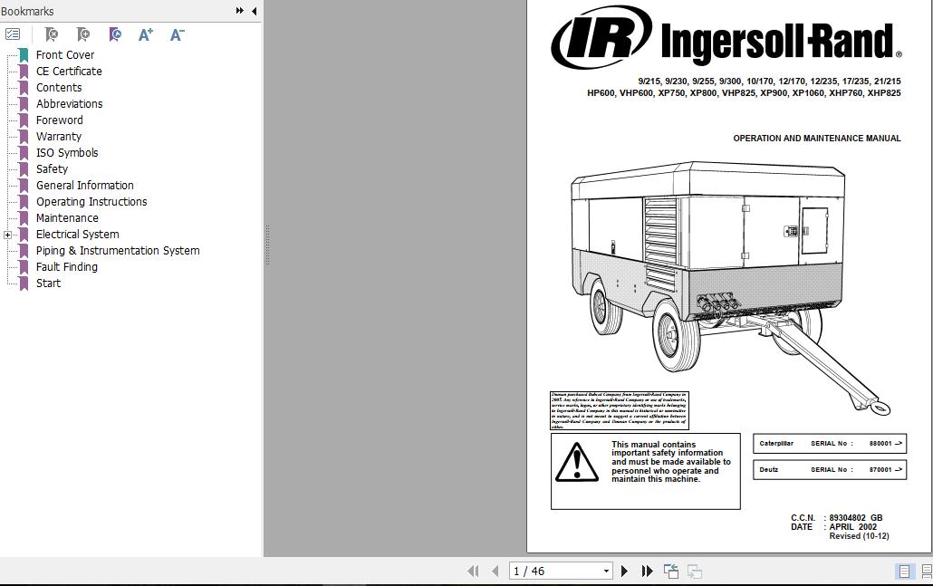 Ingersoll Rand Portable Compressor 9 215 Operation and Maintenance Manual 2012