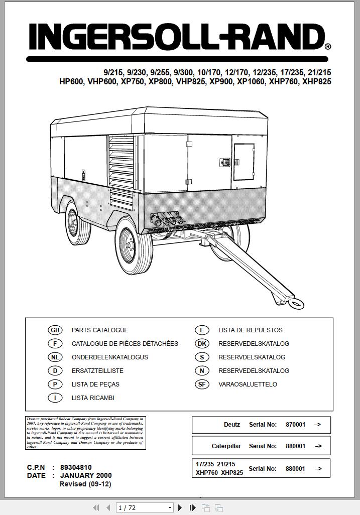 Ingersoll Rand Portable Compressor 9 215 Parts Manual 2012