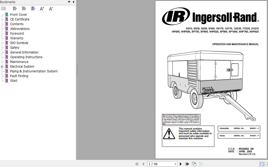 Ingersoll Rand Portable Compressor 9 230 Operation and Maintenance 2012