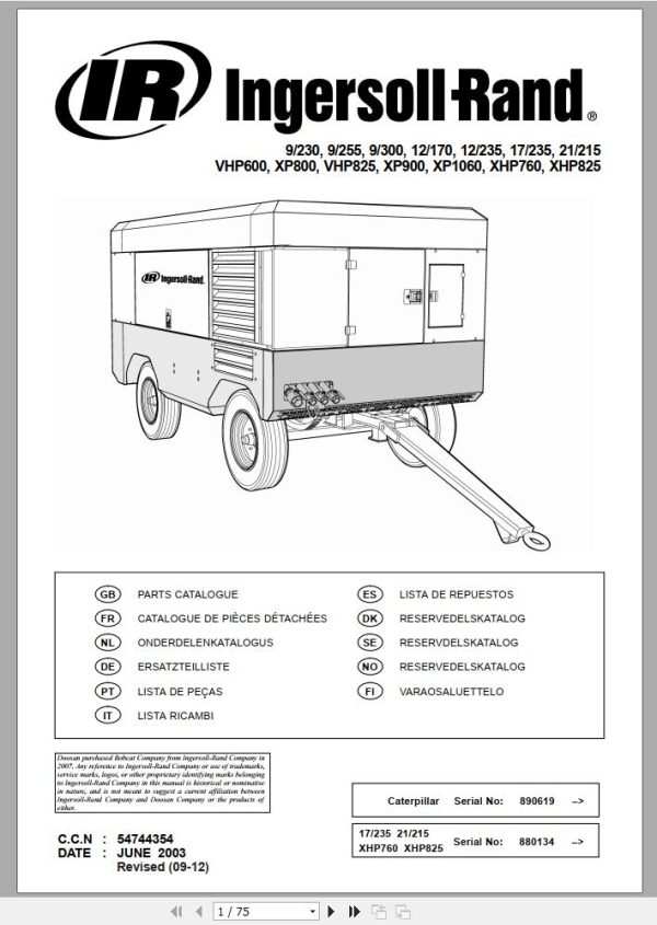 Ingersoll Rand Portable Compressor 9 230 Parts Manual 2012