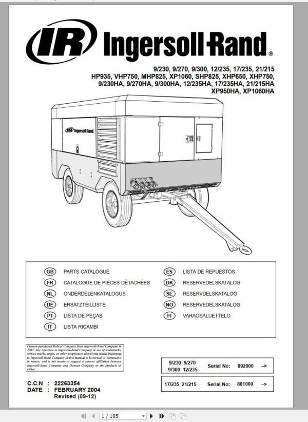 Ingersoll Rand Portable Compressor 9 230 Parts Manual 2012 1