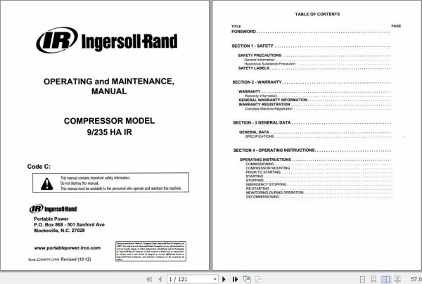 Ingersoll Rand Portable Compressor 9 235 Operation and Maintenance Manual 2018