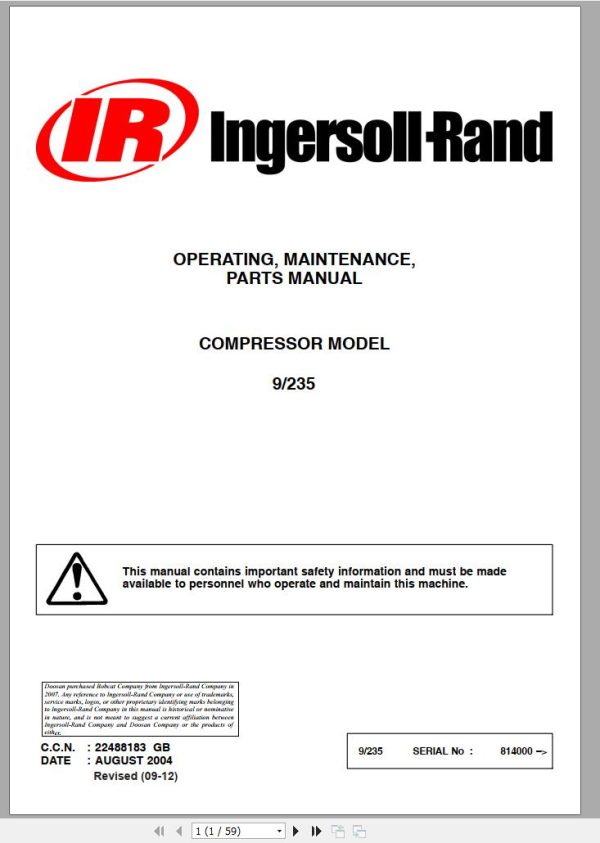 Ingersoll Rand Portable Compressor 9 235 Parts Manual Operation and Maintenance Manual 2018 1