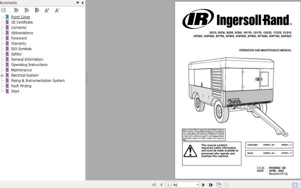 Ingersoll Rand Portable Compressor 9 255 Operation and Maintenance Manual 2012